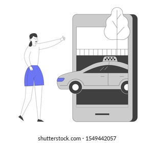 Young Woman Ordering Taxi Driver Using Mobile Application on Smartphone. Customer Character Waiting Car Outdoors. Smart App for Auto Order by Phone City Life. Flat Vector Illustration, Line Art