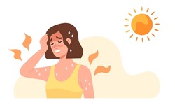 Young Woman At Outdoor With Hot  Sun Light Has A Risk To Have Heat Stroke. Symptoms Such As High Body Temperature, Sweat, Perspire, Headache, Red Skin, Dehydration. Flat Vector Illustration Character.