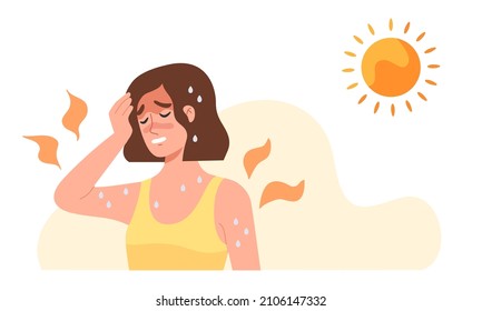 Young woman at outdoor with hot  sun light has a risk to have Heat stroke. Symptoms such as high body temperature, sweat, perspire, headache, red skin, dehydration. Flat vector illustration character.