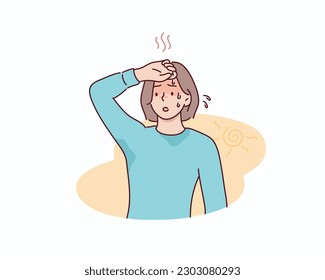 Young woman at outdoor with hot sun light has a risk to have Heat stroke. Symptoms such as high body temperature, sweat, perspire, headache. Hand drawn style vector design illustrations.