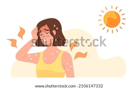 Young woman at outdoor with hot  sun light has a risk to have Heat stroke. Symptoms such as high body temperature, sweat, perspire, headache, red skin, dehydration. Flat vector illustration character.