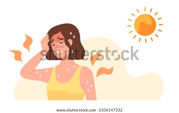 Young woman at outdoor with hot  sun light has\
a risk to have Heat stroke. Symptoms such as high body temperature,\
sweat, perspire, headache, red skin, dehydration. Flat vector\
illustration character.