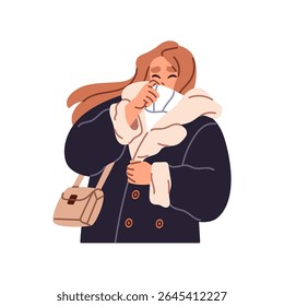 Jovem mulher de roupa exterior congela no inverno. Uma menina triste de casaco tossiu no punho. Pessoa com roupas quentes treme de geada, tempo frio. Ilustração de vetor isolado plano sobre fundo branco