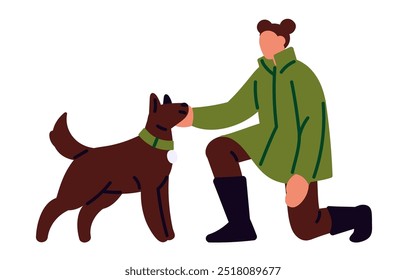 Junge Frau in Oberbekleidung Haustiere ihr Hund. Mädchen spielt mit Welpen im Freien. Besitzer trainiert Gehorsam, lehrt Befehle zu doggy während der Winterwanderung. Flache, einzelne Vektorgrafik auf weißem Hintergrund