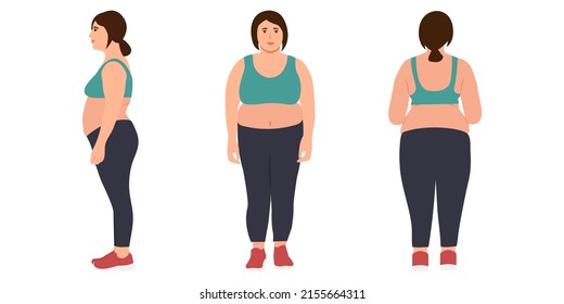 Young woman with overweight  in sportswear.  Woman obesity. Young female character poses collection: front, side and back views