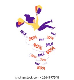 Young woman with packages falls into a cycle of discounts. Concept template for banner, poster, promotion, advertising. Seasonal, final, holiday, Christmas, winter, summer sale. Vector illustration