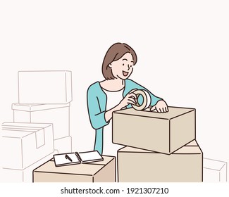 Young woman packing box indoors. Hand drawn style vector design illustrations.