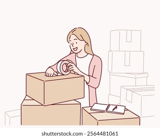 Young woman packing box indoors. Hand drawn style vector design illustrations.