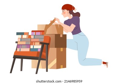 Young woman packing cardboard boxes moving to new place cartoon vector illustration isolated on white background.