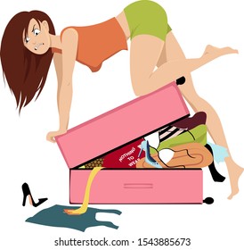 Young woman packing for travel, attempting to forcefully close an overfilled suitcase, EPS 8 vector illustration