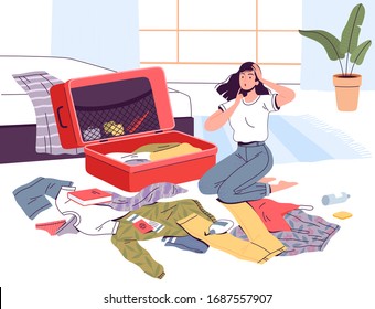 A young woman packs her suitcase and thinks what to take with her on the road and whether the flight will be canceled. Collecting things on a trip. Clothes and documents lie near the suitcase