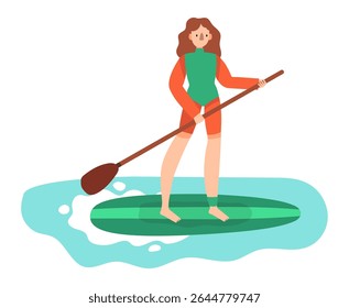 Jovem mulher remar em um stand up paddle board surfar no mar, desfrutando de férias de verão na praia, atividades aquáticas e conceito de esportes