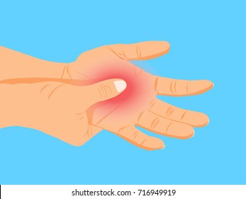 Young woman with painful hand,rubbing hand, hands massage, cartoon flat-style vector illustration.