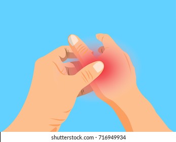 Young woman with painful hand,rubbing hand, hands massage, cartoon flat-style vector illustration.