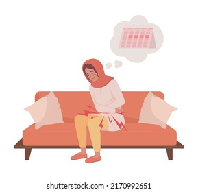 Young woman with painful periods semi flat color vector character. Editable figure. Full body person on white. Dysmenorrhea simple cartoon style illustration for web graphic design and animation