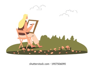 Young woman painter creating sketch picture in open air  female plein air artist drawing landscape outdoors  Cartoon young girl painting artwork and pencil  Flat vector illustration