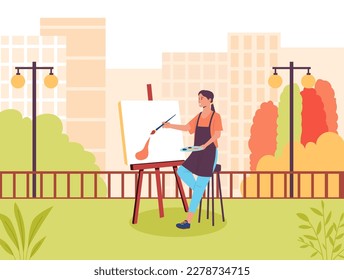 Joven pintora creando boceto de imagen al aire libre. Vector de pintora mujer, dibujo artístico e ilustración creativa