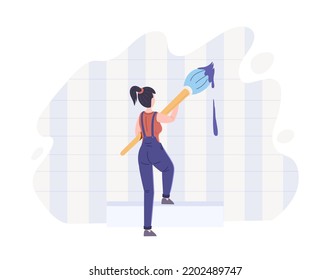 Young woman painter dyeing wall with paint brush. View from behind of girl in overalls painting walls. Worker of professional repair service or construction company flat vector