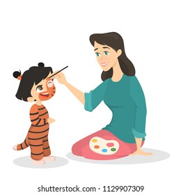 Young woman painting with brush the face of the little happy girl in the funny tiger costume. Kid party with greasepaint. Isolated vector illustration in cartoon style