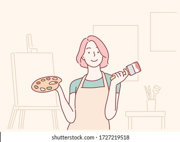 young woman painting with brush on studio. Hand drawn style vector design illustrations.
