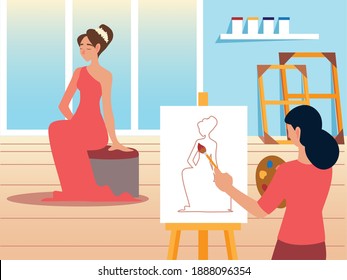 young woman painting with brush on canvas in a studio a model female