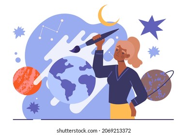 Young woman painting concept. Female character with brush in her hands draws outer space of planet, constellations and comets. Creative professional at work. Cartoon flat vector illustration