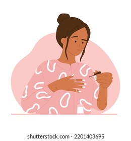 Young woman painting her nails with nail polish. Girl painting her nails with gel polish. Beauty treatment, manicure aesthetics. Vector illustration in cartoon style. Isolated white background