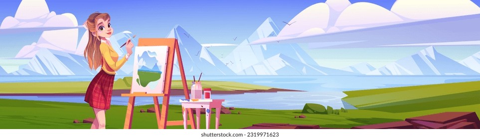 Young woman painting mountain landscape. Vector cartoon illustration of female artist drawing beautiful nature with lake in green valley, birds flying in blue sky. Art school banner. Creative hobby