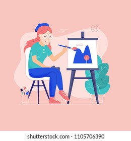 Young woman painting outdoors. Girl painter on plein air sitting near easel with color palette and paintbrush. Happy artist on chair drawing landscape. Open your creativity and inspiration concept