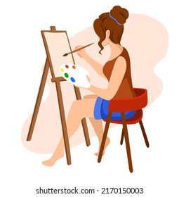 A young woman is painting a picture and sitting at an easel.