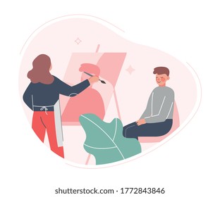 Young Woman Painting Portrait of Man Sitting in Front of Easel. Creative Hobby, Art Flat Style Vector Illustration