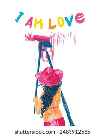 Young woman painting text "I'm love", sketch style vector illustration