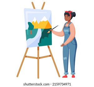 Young woman painting watercolor landscape, creative workshop. Artist female character drawing on canvas at Easel during art class hobby. Creativity lesson in painting school, artistic design course