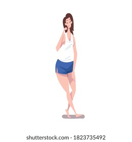 Young Woman in Pajama Brushing Her Teeth, Daily Routine Hygienic Procedure Cartoon Vector Illustration