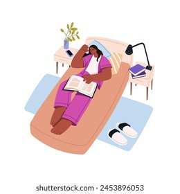 Young woman in pajama sleeps in bed. Girl falls asleep during reading top view. Person has a rest on pillow at night, naps with book in hands. Flat isolated vector illustration on white background