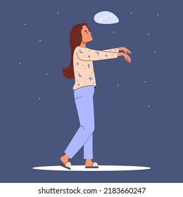 Young woman in pajama sleepwalking at night. Somnambulist walking in her dream with raised hands. Somnambulism concept. Flat vector illustration isolated on blue background