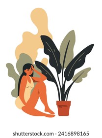  Young woman in pajamas with homemade flower, vector illustration in cartoon style