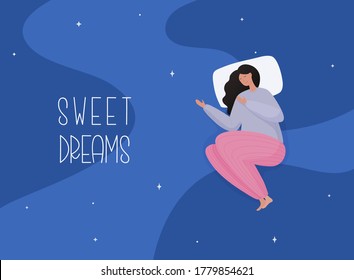 Young woman in pajamas sleeping on soft pillow. Sweet dreams, good health concept.