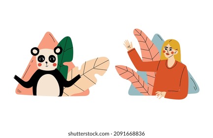 Young Woman and Panda Peeking Out of Window with Flora Vector Set