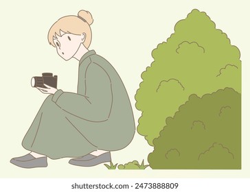 Young woman paparazzi sitting near bushes, making shot by camera. Photographer hiding, taking photos with professional camera, spying outdoors. Hand drawn flat cartoon character vector illustration.