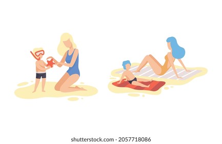 Young Woman Parent at Beach Scene with Her Kid Sunbathing on Blanket and Snorkeling Vector Set