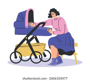 Young Woman Parent Walking with Baby Carriage Vector Illustration