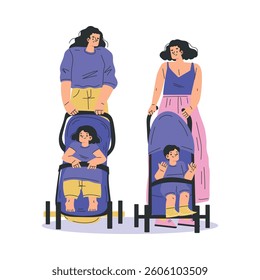 Young Woman Parent Walking with Baby Carriage Vector Illustration