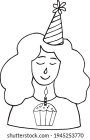 young woman in a party cap with a cupcake with burning candle. make a wish on your birthday. vector hand drawn icon. template for card. monochrome. minimalism