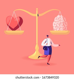 Young Woman Passing by Huge Scales with with Brain and Heart Choosing between Feelings and Mind, Career or Hobby, Love or Work. Female Character Making Life Decision. Cartoon Vector Illustration