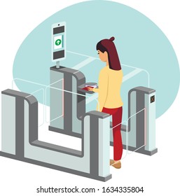 Young woman passing through automated passport border control gates flat vector illustration