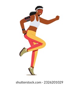 Young Woman Passionately Running City Marathon, Determined To Reach The Finish Line Amidst The Cheering Crowd. African American Female Character Racing Competition. Cartoon People Vector Illustration