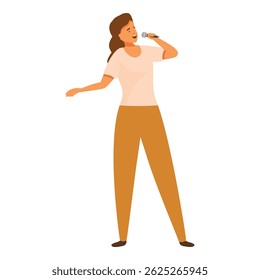 Jovem mulher está apaixonadamente cantando em um microfone, cativando o público com sua voz poderosa