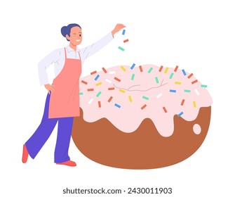 Young woman pastry chef tiny cartoon character decorating donut sweet dessert isolated on white