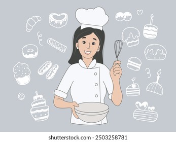 Young woman pastry chef with whisk and bowl in hands